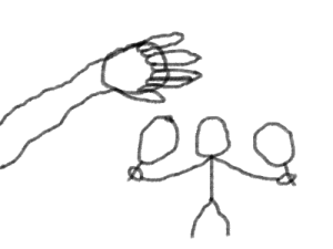 That same hand with a stickman holding pans that look more like rackets